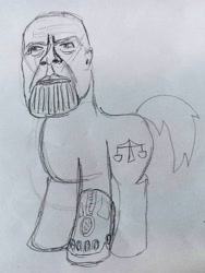 Size: 2338x3101 | Tagged: safe, artist:dhm, original species, human head pony, abomination, cursed image, high res, infinity gauntlet, male, marvel, monochrome, not salmon, ponified, rule 85, sketch, solo, thanos, traditional art, wat