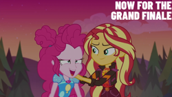 Size: 2000x1125 | Tagged: safe, edit, edited screencap, editor:quoterific, screencap, pinkie pie, sunset shimmer, equestria girls, equestria girls specials, g4, my little pony equestria girls: better together, my little pony equestria girls: sunset's backstage pass