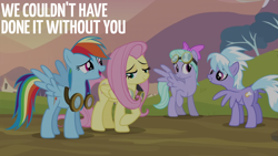 Size: 2000x1125 | Tagged: safe, edit, edited screencap, editor:quoterific, screencap, cloudchaser, flitter, fluttershy, rainbow dash, pegasus, pony, g4, hurricane fluttershy, season 2, female, goggles, mare