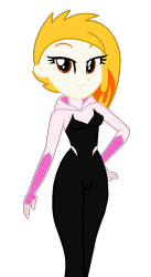 Size: 564x1026 | Tagged: safe, artist:robertsonskywa1, flare (g5), human, equestria girls, g4, g5, bodysuit, clothes, cosplay, costume, equestria girls-ified, female, g5 to equestria girls, g5 to g4, generation leap, hand on hip, marvel, photo, simple background, solo, spider-gwen, spider-man, spider-man: across the spider-verse, suit, transparent background