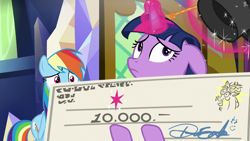 Size: 1280x720 | Tagged: safe, screencap, discord, rainbow dash, twilight sparkle, alicorn, g4, the beginning of the end, check, twilight sparkle (alicorn), twilight's castle