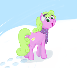 Size: 1979x1738 | Tagged: safe, artist:frilanka, daisy, flower wishes, earth pony, pony, g4, clothes, earmuffs, looking at you, looking back, looking back at you, scarf, snow, solo