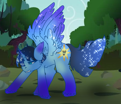 Size: 3024x2607 | Tagged: source needed, safe, artist:sillypinkpony, oc, oc only, oc:blue thunder, alicorn, pony, alicorn oc, forest, high res, horn, nature, shiny, solo, sparkle, tree, wings