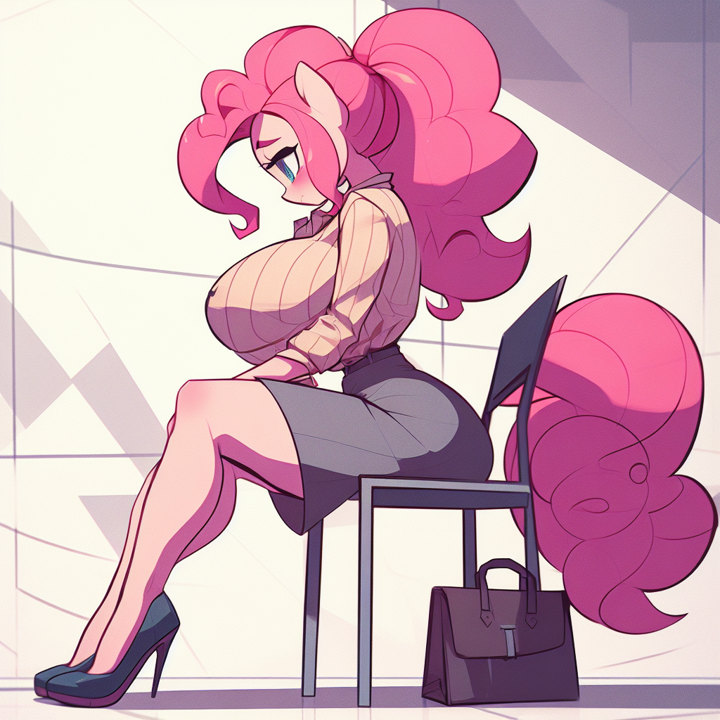 3274803 - suggestive, ai content, ai generated, prompter:horselover fat,  pinkie pie, earth pony, anthro, plantigrade anthro, g4, abstract  background, adorasexy, bag, big breasts, breasts, busty pinkie pie, chair,  curvy, cute, erect nipples,