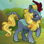 Size: 894x894 | Tagged: safe, artist:sparkytopia, winter flame, kirin, g4, aside glance, blossom burst, burstbetes, cloven hooves, cute, female, looking at you, mare, open mouth, raised hoof, smiling, solo, winterbetes