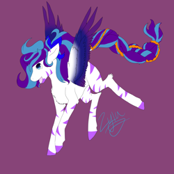 Size: 5800x5800 | Tagged: safe, artist:florarena-kitasatina/dragonborne fox, oc, oc only, oc:zyla, pegasus, zebra, braid, colored wings, multicolored wings, purple background, request, simple background, solo, spread wings, wings