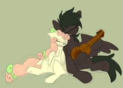 Size: 2800x2000 | Tagged: safe, artist:puppie, oc, oc:soft sonance, oc:stormchaser, pegasus, cute, guitar, high res, musical instrument, simple background, singing, sleeping