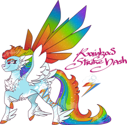 Size: 1920x1893 | Tagged: safe, artist:mrufka69, rainbow dash, pony, g4, alternate design, alternate name, cheek feathers, chest feathers, colored wings, concave belly, feathered fetlocks, gradient hooves, gradient legs, gradient muzzle, large wings, multicolored wings, pale belly, rainbow wings, raised hoof, shoulder feathers, simple background, solo, sparkly mane, sparkly tail, sparkly wings, spread wings, standing, tail, tail feathers, transparent background, wings