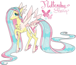 Size: 1920x1657 | Tagged: safe, artist:mrufka69, fluttershy, pony, g4, alternate design, alternate name, appaloosa, beanbrows, chest fluff, coat markings, colored wings, concave belly, eyebrows, feathered fetlocks, lanky, long mane, long tail, multicolored wings, simple background, skinny, small wings, solo, sparkly mane, sparkly tail, spread wings, standing, tail, tail feathers, thin, thin legs, transparent background, wings