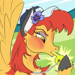 Size: 1450x1450 | Tagged: safe, artist:destiny_manticor, oc, oc only, oc:olivia yamakara, fox, fox pony, hybrid, pegasus, pony, blowing whistle, blushing, coaching cap, commission, ear fluff, female, flower, flower in hair, mare, mascara, puffy cheeks, red face, red hair, referee, referee olivia yamakara, unshorn fetlocks, whistle
