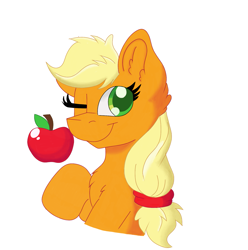 Size: 1761x1772 | Tagged: safe, artist:cinematic-fawn, applejack, earth pony, pony, g4, apple, bust, food, hatless, missing accessory, one eye closed, portrait, simple background, solo, white background, wink