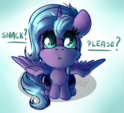 Size: 2312x2096 | Tagged: safe, artist:julunis14, princess luna, alicorn, pony, g4, :<, bronybait, cute, daaaaaaaaaaaw, female, filly, foal, high res, looking at you, looking up, looking up at you, lunabetes, puppy dog eyes, solo, spread wings, talking to viewer, wings, woona, younger