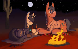 Size: 2178x1392 | Tagged: safe, artist:mare_enjoyer, oc, oc only, oc:jalapeno pepper, oc:thesis, earth pony, pony, unicorn, fallout equestria, alcohol, beer, beer bottle, bottle, butt, cactus, campfire, clothes, desert, gun, jumpsuit, moon, night, pipbuck, plot, stars, submachinegun, uzi, vault suit, wasteland, weapon
