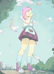 Size: 3000x4100 | Tagged: safe, artist:bhar0, fluttershy, bird, human, equestria girls, g4, clothes, compression shorts, converse, cute, eyes closed, female, hands together, high res, low angle, shoes, shorts, shorts under skirt, shyabetes, skirt, smiling, sneakers, socks, solo, upskirt