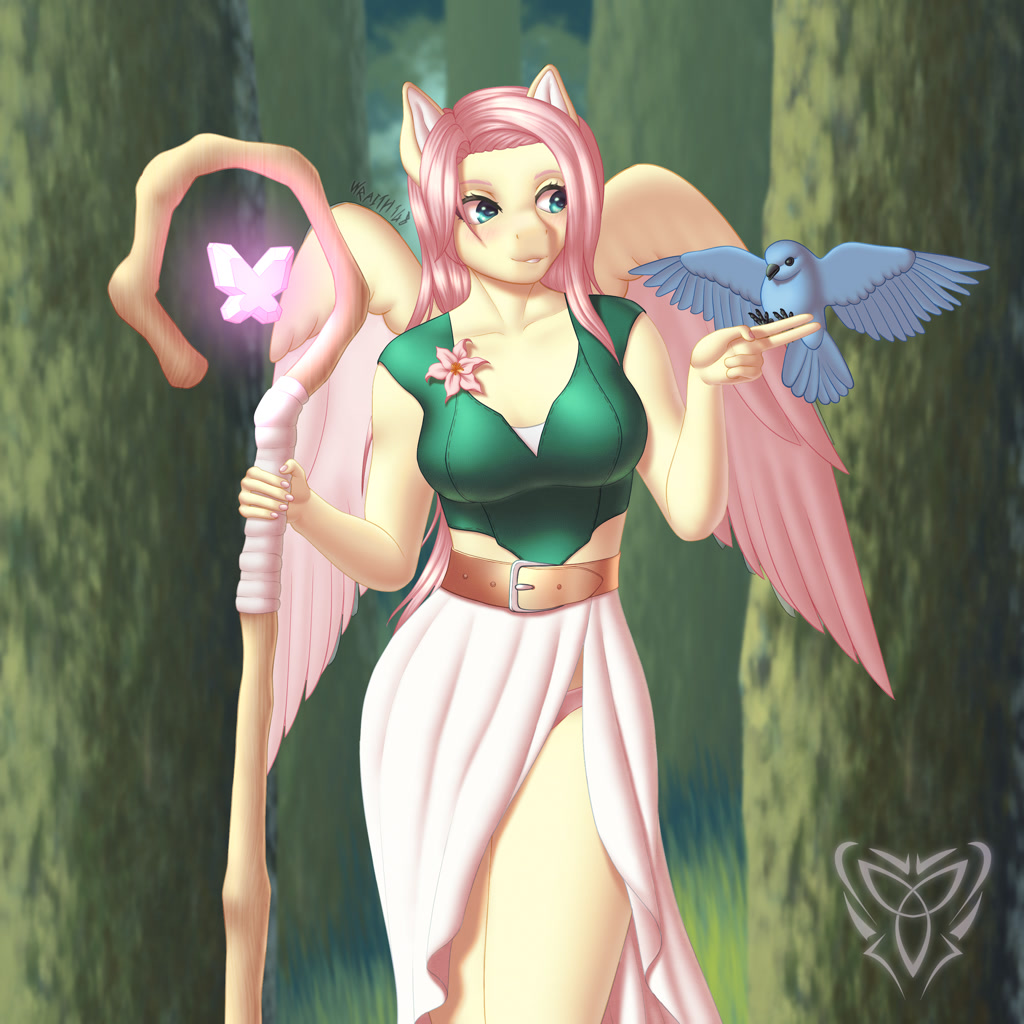 [anthro,bird,breasts,clothes,druid,female,flower,fluttershy,forest,g4,high res,mare,nature,pegasus,safe,solo,staff,tree,smiling,side slit,busty fluttershy,druidshy,artist:wraith148]