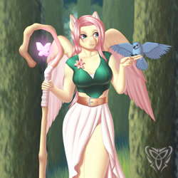 Size: 3000x3000 | Tagged: safe, artist:wraith148, fluttershy, bird, pegasus, anthro, g4, big breasts, breasts, busty fluttershy, clothes, druid, druidshy, female, flower, forest, high res, mare, nature, side slit, smiling, solo, staff, tree