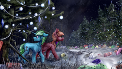 Size: 6000x3375 | Tagged: safe, artist:vepital', pegasus, unicorn, christmas, christmas ornament, christmas tree, decoration, forest, holiday, nature, present, snow, tree