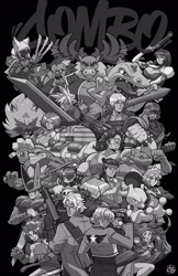 Size: 1325x2048 | Tagged: safe, artist:yung khan, stronghoof hoofstrong (tfh), mewtwo, them's fightin' herds, anakaris, battletoads, blazblue, cell (dragon ball), cloud strife, combo breaker, community related, dante (devil may cry), darkstalkers, devil may cry, dragon ball, final fantasy, final fantasy vii, giovanna (guilty gear), grayscale, guilty gear, hugo andore, iron tager, jam kuradoberi, legendary pokémon, monochrome, pokémon, rash (battletoads), rashid, reptar, rock howard, skullgirls, squigly, street fighter