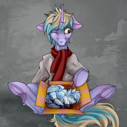 Size: 2000x2000 | Tagged: safe, artist:vepital', oc, pegasus, pony, unicorn, box, high res, pony in a box