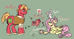 Size: 1974x1043 | Tagged: safe, artist:arxielle, angel bunny, big macintosh, fluttershy, oc, oc:cloud blossom, oc:fuji red, butterfly, earth pony, pegasus, pony, rabbit, g4, :3, angel bunny is not amused, animal, apple, baby, baby pony, blushing, bow, clothes, colt, cute, family, father and child, female, filly, floppy ears, flying, foal, food, freckles, green background, hair bow, lidded eyes, lying down, male, mother and child, name, no pupils, offspring, older, older big macintosh, older fluttershy, parent:big macintosh, parent:fluttershy, parents:fluttermac, prone, reference, ship:fluttermac, shipping, shirt, simple background, smiling, straight, unamused, unshorn fetlocks, vest