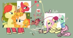Size: 1974x1043 | Tagged: safe, artist:arxielle, angel bunny, big macintosh, bright mac, fluttershy, gentle breeze, pear butter, posey shy, oc, oc:cloud blossom, oc:fuji red, butterfly, earth pony, pegasus, pony, rabbit, g4, :3, animal, apple, baby, baby pony, blushing, bow, clothes, color palette, colt, cowboy hat, cute, ear piercing, earring, facial hair, family, father and child, female, filly, floppy ears, flower, flower in hair, flying, foal, food, freckles, glasses, green background, hair bow, hat, jewelry, lidded eyes, lying down, male, mother and child, moustache, name, necklace, no pupils, offspring, older, older big macintosh, older fluttershy, parent:big macintosh, parent:fluttershy, parents:fluttermac, pearl necklace, piercing, prone, reference, screencap reference, ship:fluttermac, shipping, simple background, smiling, straight, sweater, unshorn fetlocks