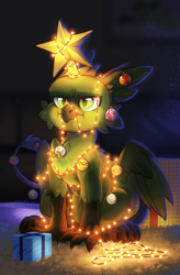 Size: 2954x4507 | Tagged: safe, artist:dorkmark, oc, oc only, oc:wolferd lagrest, griffon, :i, bauble, being a christmas tree, chest fluff, christmas, christmas lights, christmas ornament, christmas star, decoration, griffon oc, high res, holiday, partially open wings, present, sitting, solo, stars, string lights, three quarter view, wings