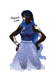 Size: 2830x3860 | Tagged: safe, artist:artbysarf, princess luna, human, g4, alternate hairstyle, clothes, dark skin, dress, ear piercing, earring, elf ears, eyeshadow, female, high res, humanized, jewelry, makeup, necklace, piercing, see-through, simple background, skirt, solo, vitiligo, white background