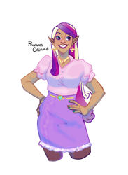 Size: 2830x3860 | Tagged: safe, artist:artbysarf, princess cadance, human, g4, alternate hairstyle, belt, clothes, cute, cutedance, ear piercing, earring, elf ears, eyeshadow, female, grin, high res, humanized, jewelry, latina, lipstick, makeup, nail polish, piercing, regalia, shirt, simple background, skirt, smiling, solo, stockings, thigh highs, white background