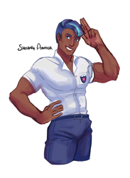 Size: 2830x3860 | Tagged: safe, artist:artbysarf, shining armor, human, g4, alternate hairstyle, asian, belt, clothes, dark skin, denim, grin, high res, humanized, jeans, male, muscles, pants, shirt, simple background, smiling, solo, swelling armor, white background