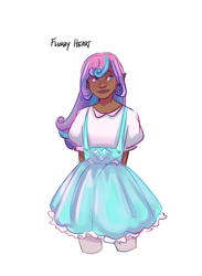 Size: 2830x3860 | Tagged: safe, artist:artbysarf, princess flurry heart, human, g4, alternate hairstyle, asian, clothes, dark skin, dress, elf ears, female, high res, humanized, latina, older, older flurry heart, shirt, simple background, solo, stockings, thigh highs, white background