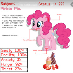 Size: 630x631 | Tagged: safe, artist:makikofox3535, pinkie pie, earth pony, pony, smile virus, g4, cupcake, female, food, gummy bear, hat, party hat, simple background, solo, strawberry, white background