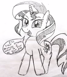 Size: 2528x2890 | Tagged: safe, artist:dhm, sunset shimmer, pony, unicorn, g4, drawthread, encouragement, high res, looking at you, monochrome, sketch, smiling, smiling at you, solo, speech bubble, text, traditional art