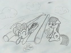 Size: 3548x2637 | Tagged: safe, artist:dhm, maud pie, pinkie pie, pegasus, pony, g4, cloud, drawthread, fast, flying, fun, high res, hill, monochrome, playing, sketch, sky, slip n slide, speech bubble, traditional art, wholesome