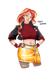 Size: 2830x3860 | Tagged: safe, artist:artbysarf, sunset shimmer, human, g4, alternate hairstyle, bedroom eyes, belly button, clothes, ear piercing, earring, female, fingerless gloves, fishnet stockings, freckles, gloves, grin, high res, humanized, jacket, jewelry, leather, leather jacket, lesbian pride flag, lips, makeup, midriff, nail polish, nose piercing, piercing, pride, pride flag, ripped stockings, short shirt, simple background, skirt, smiling, solo, stockings, thigh highs, torn clothes, white background