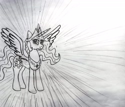Size: 3659x3120 | Tagged: safe, artist:dhm, princess celestia, pony, g4, drawthread, glowing, high res, looking at you, monochrome, sketch, smiling, solo, spread wings, traditional art, wings