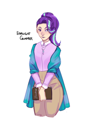 Size: 2830x3860 | Tagged: safe, artist:artbysarf, starlight glimmer, human, g4, alternate hairstyle, book, clothes, coat, female, high res, humanized, jewelry, necklace, pants, shirt, simple background, solo, white background