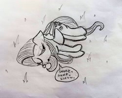 Size: 3518x2844 | Tagged: safe, artist:dhm, fluttershy, pony, g4, cute, drawthread, grass, high res, lying down, monochrome, on side, pretend, reference, sketch, sleeping, solo, speech bubble, traditional art, trick