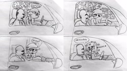 Size: 4096x2304 | Tagged: safe, artist:dhm, derpy hooves, oc, oc:anon, pony, g4, car, cheering up, comic, cute, drawthread, driving, existential crisis, monochrome, reference, sad, sketch, speech bubble, squee, tl;dr, traditional art, true detective