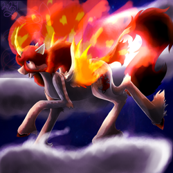 Size: 5800x5800 | Tagged: safe, artist:florarena-kitasatina/dragonborne fox, oc, oc only, oc:crimson flame, ascending, cloven hooves, fire, flying, galloping, happy, leonine tail, moon, night, signature, spread wings, tail, unshorn fetlocks, watermark, wings