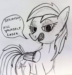 Size: 2527x2628 | Tagged: safe, artist:dhm, mean rainbow dash, rainbow dash, pony, g4, abuse, clone, high res, insult, kill yourself, looking at you, mean, monochrome, out of character, sketch, solo, speech bubble, suicide, text, traditional art