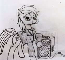 Size: 3053x2797 | Tagged: safe, artist:dhm, rainbow dash, pony, g4, amplifier, cigarette, clothes, cool, faic, high res, jacket, leather, leather jacket, looking at you, monochrome, punk, sketch, smug, smugdash, solo, traditional art