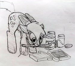 Size: 3006x2648 | Tagged: safe, artist:dhm, derpy hooves, pony, g4, bread, cute, food, high res, jelly, knife, monochrome, peanut butter, sandwich, sketch, solo, traditional art, wholesome