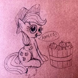 Size: 3031x3019 | Tagged: safe, artist:dhm, applejack, earth pony, pony, g4, apple, bucket, food, high res, monochrome, sitting, sketch, solo, speech bubble, traditional art