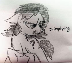 Size: 3389x2981 | Tagged: safe, artist:dhm, oc, oc:filly anon, pony, 4chan, female, filly, high res, implying, incredulous, meme, monochrome, raised hoof, sketch, solo, traditional art, turned head