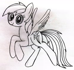 Size: 3127x2956 | Tagged: safe, artist:dhm, rainbow dash, pegasus, pony, g4, cute, high res, looking at you, monochrome, raised hooves, sketch, smiling, smiling at you, solo, spread wings, traditional art, wings