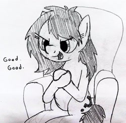 Size: 2871x2812 | Tagged: safe, artist:dhm, oc, oc:filly anon, pony, chair, evil grin, female, filly, funny, grin, high res, monochrome, plotting, rubbing hooves, sitting, sketch, smiling, solo, speech, talking, text, traditional art