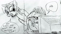 Size: 3819x2154 | Tagged: safe, artist:dhm, twilight sparkle, oc, oc:filly anon, alicorn, pony, g4, chair, computer, doorway, encouragement, female, filly, funny, high res, keyboard, monochrome, sketch, speech bubble, traditional art, twilight sparkle (alicorn)