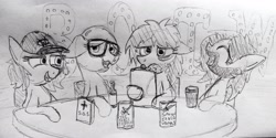 Size: 3936x1965 | Tagged: safe, artist:dhm, oc, oc:filly anon, pony, beard, drink, drinking, drunk, facial hair, female, filly, glasses, hat, laughing, lights, monochrome, redlettermedia, sketch, table, traditional art, vhs