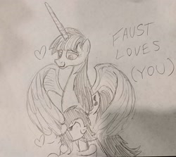 Size: 3190x2851 | Tagged: safe, artist:dhm, oc, oc:fausticorn, oc:filly anon, alicorn, pony, mare fair, /mlp/, 4chan, female, filly, heart, high res, hug, love, monochrome, sketch, text, traditional art, wholesome, winghug, wings