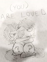 Size: 2279x2965 | Tagged: safe, artist:dhm, oc, oc:filly anon, pony, mare fair, /mlp/, female, filly, high res, hug, love, monochrome, sketch, traditional art, wholesome